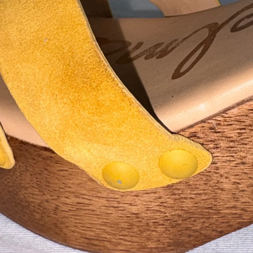 Sam Edelman Josephine platform Sandals 8.5 Mustard Yellow Suede Wood Block Heel